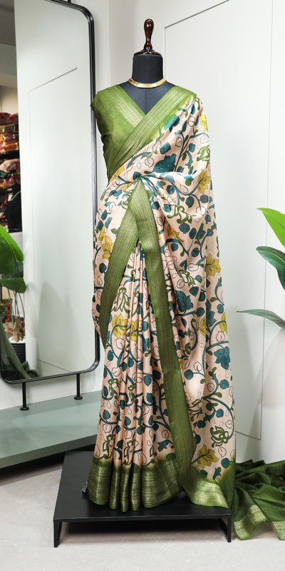 Wanted Green Color Dola Silk Printed With Zari Border Partywear Designer Style Saree