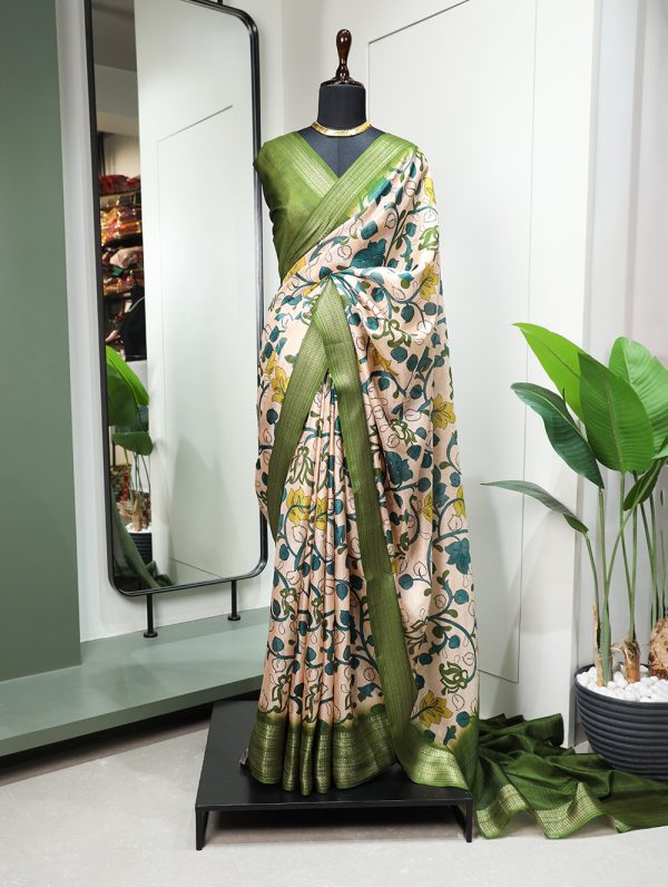 Wanted Green Color Dola Silk Printed With Zari Border Partywear Designer Style Saree