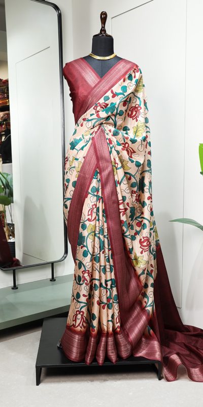 Wanted Maroon Color Dola Silk Printed With Zari Border Partywear Designer Style Saree
