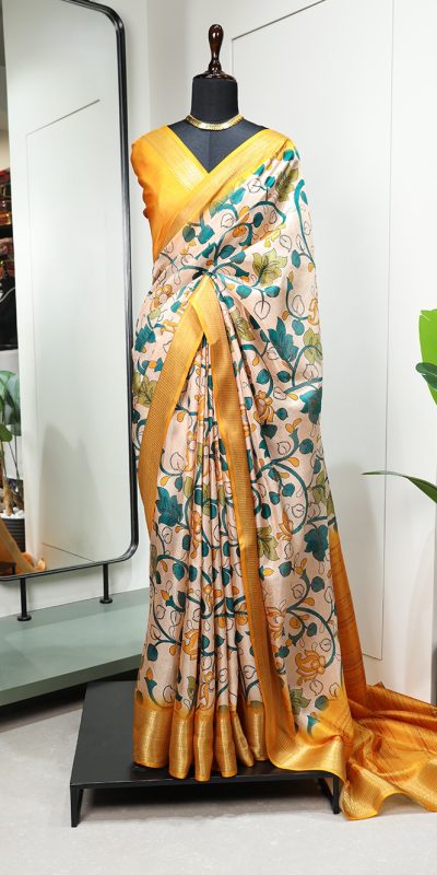 Wanted Yellow Color Dola Silk Printed With Zari Border Partywear Designer Style Saree