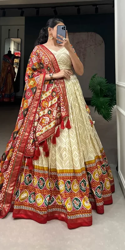 LNB1687 Yellow Color Lehenga : Tussar Silk Blouse : Patola Print Work : Foil Work Traditional Wear, Festive, Wedding, Events @2799/- | Lehenga, Bollywood Lehenga, Creative Lehenga, Designer Lehenga, Embroidered Lehenga, Party Wear Lehenga