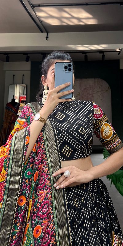 LNB1687 Black Color Lehenga : Tussar Silk Blouse : Patola Print Work : Foil Work Traditional Wear, Festive, Wedding, Events @2799/- | Lehenga, Bollywood Lehenga, Creative Lehenga, Designer Lehenga, Embroidered Lehenga, Party Wear Lehenga