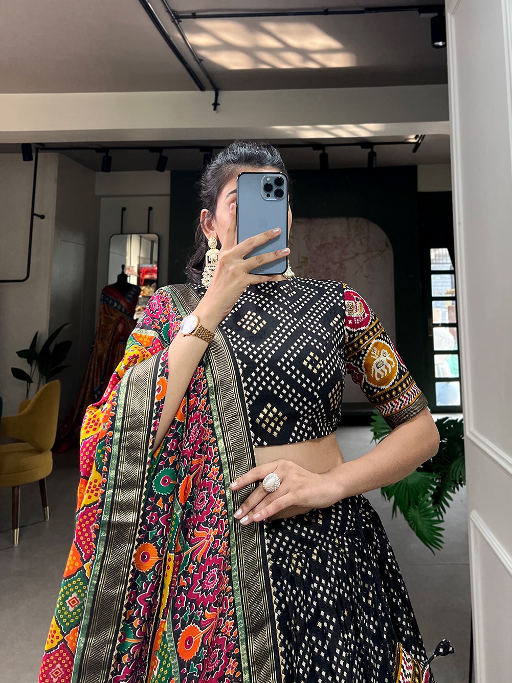 LNB1687 Black Color Lehenga : Tussar Silk Blouse : Patola Print Work : Foil Work Traditional Wear, Festive, Wedding, Events @2799/- | Lehenga, Bollywood Lehenga, Creative Lehenga, Designer Lehenga, Embroidered Lehenga, Party Wear Lehenga