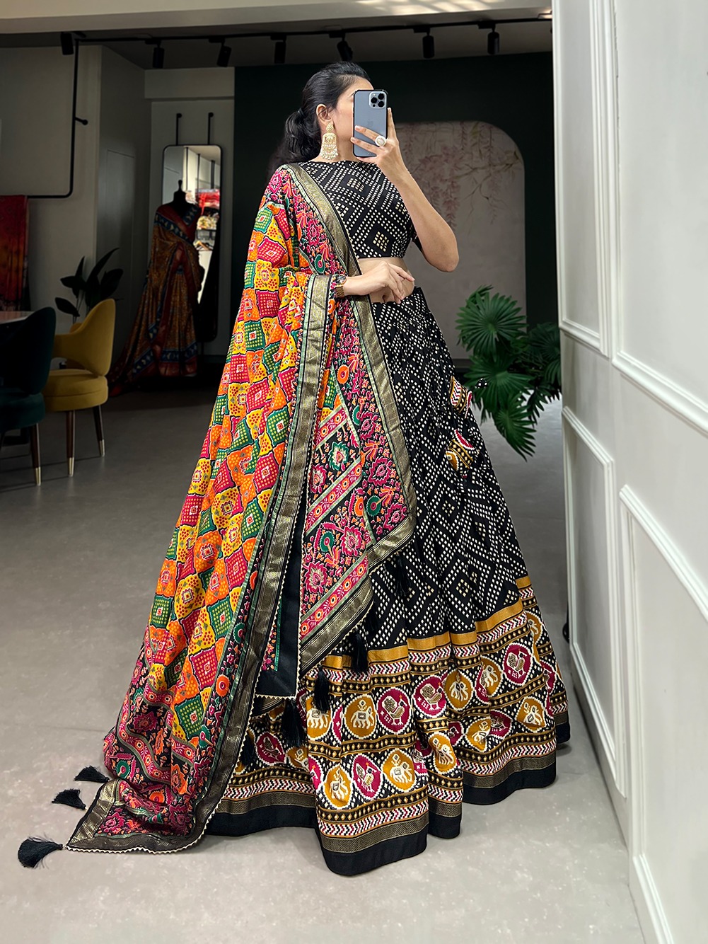 LNB1687 Black Color Lehenga : Tussar Silk Blouse : Patola Print Work : Foil Work Traditional Wear, Festive, Wedding, Events @2799/- | Lehenga, Bollywood Lehenga, Creative Lehenga, Designer Lehenga, Embroidered Lehenga, Party Wear Lehenga