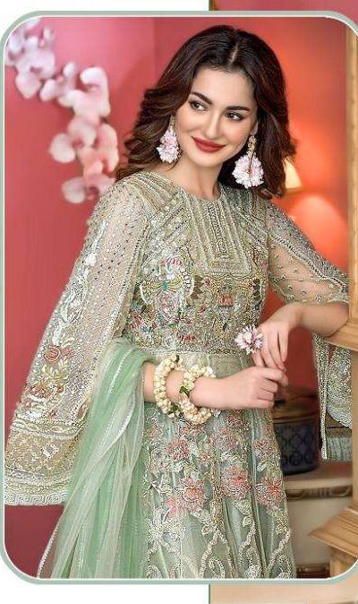 Attractive Green Color Heavy Net with sequence And Embroidery With stone work Anarkali Suit
