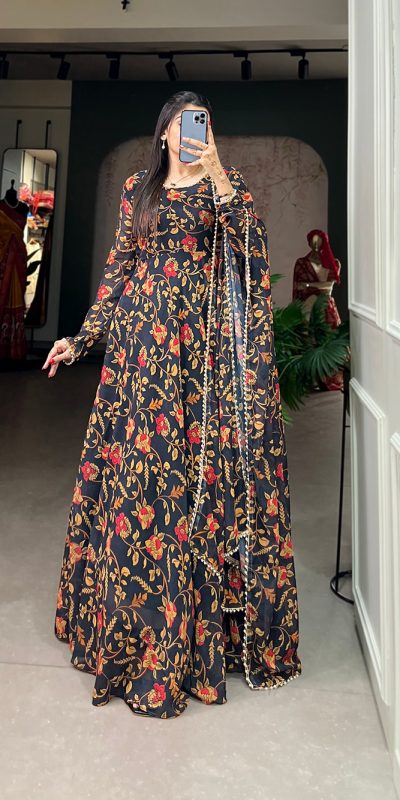 Beautiful Black Color Georgette Floral Printed Gown With Pearl Lace Border Dupatta