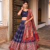 Navy Blue Tussar Silk Ajrakh Foil Lehenga Choli