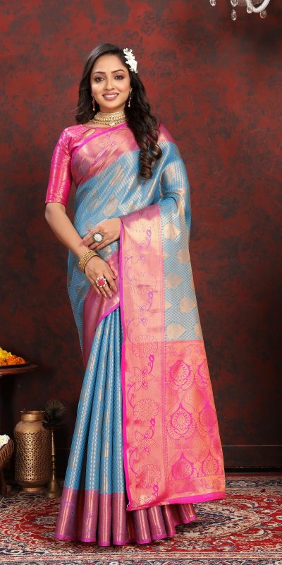 Adorable Blue Color Lichi Silk Gold And Silver Zari Weaving Saree