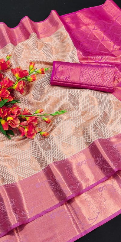 Adorable Golden Pink Color Lichi Silk Gold And Silver Zari Weaving Saree