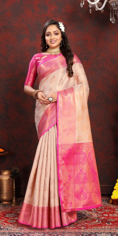 Adorable Golden Pink Color Lichi Silk Gold And Silver Zari Weaving Saree