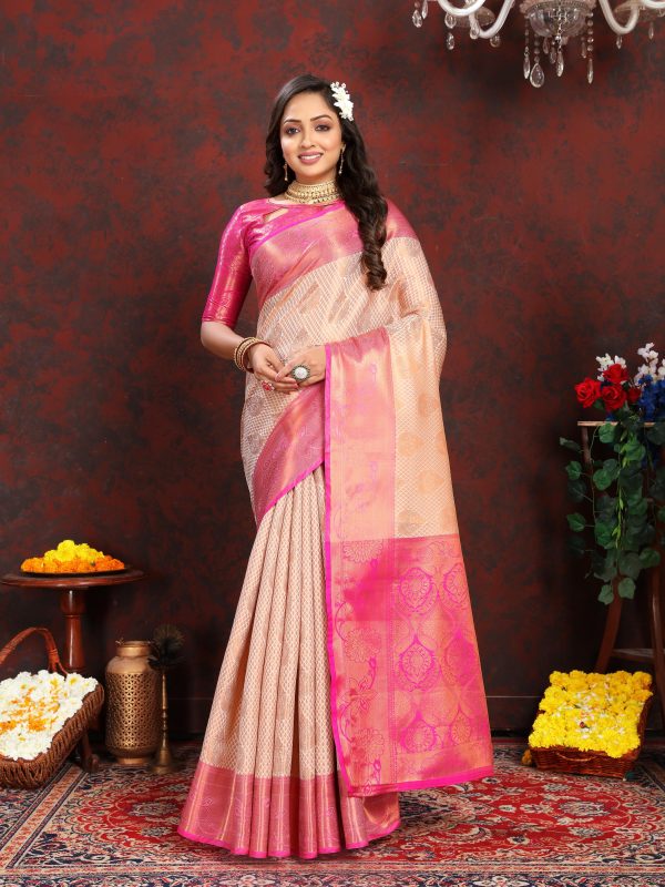 Adorable Golden Pink Color Lichi Silk Gold And Silver Zari Weaving Saree