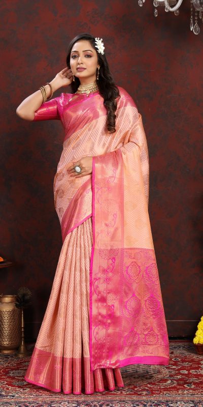 Adorable Pink Color Lichi Silk Gold And Silver Zari Weaving Saree