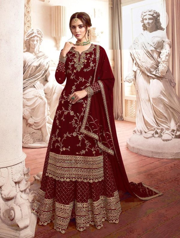 Adorable Red Color Georgette With Embroidery Sharara Suit