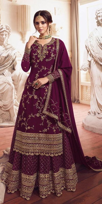Adorable Wine Color Georgette With Embroidery Sharara Suit