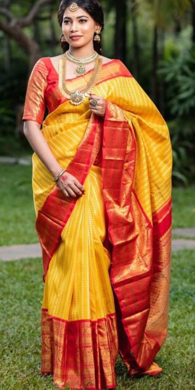 Adorable Yellow Color Soft Lichi Silk Ordinary Design Saree