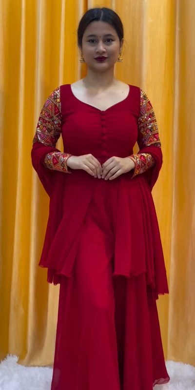 Amazing Red Color Faux Georgette thread Sequence Work Sharara Suit
