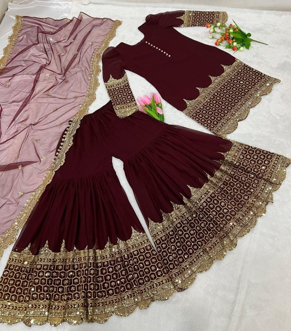 Attractive Maroon Color Georgette Embroidery Sharara Suit