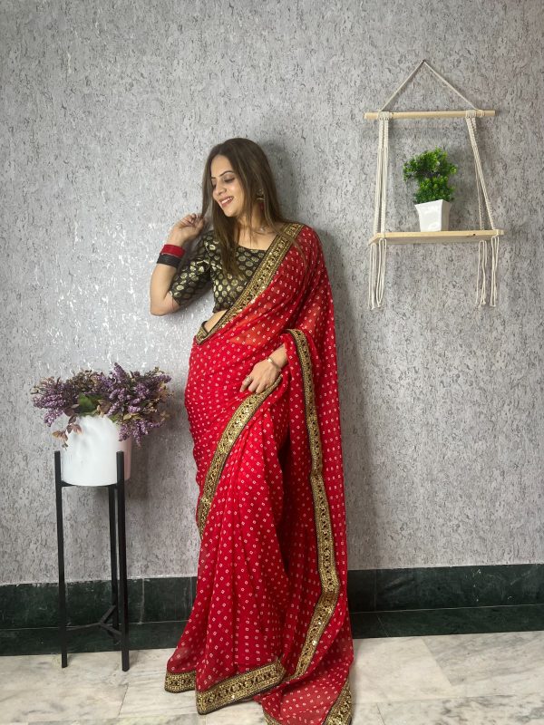 Buy Reeva Trendz Women's Georgette Flower Lace Saree with Blouse Piece (Red)  at Amazon.in