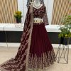 Dark Maroon Faux Georgette Sequin Embroidered Lehenga