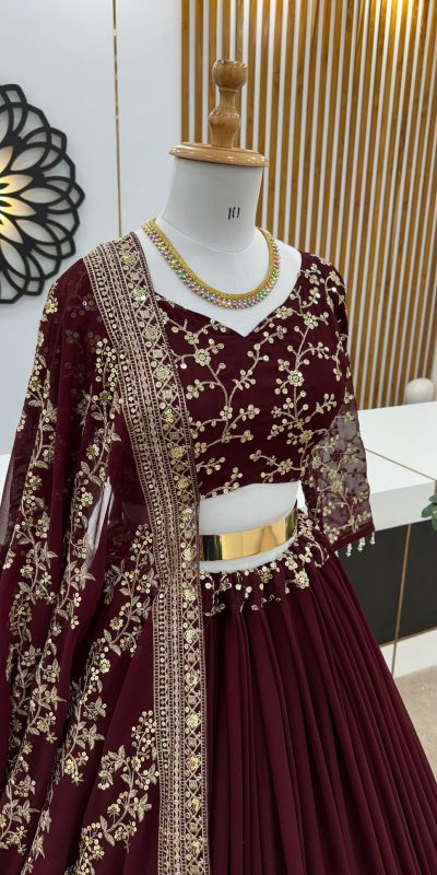 Beautiful Dark Maroon Color Faux Georgette With Embroidery Sequence Work Lehenga Choli