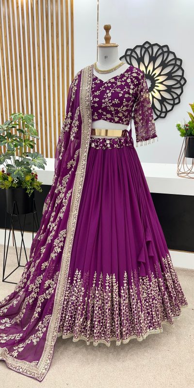 Beautiful Purple Color Faux Georgette With Embroidery Sequence Work Lehenga Choli