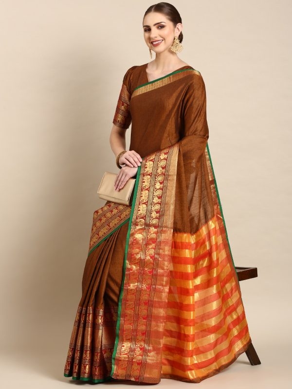 Brilliant Brown Color Narayan Pet Zari Weaving Work Saree