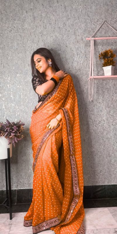 Brilliant Orange Color Printed Georgette With Sequence Embroidery Lace Saree