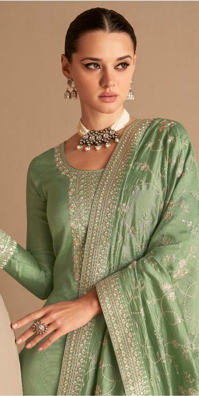 Charming Green Color Sequence Embroidery Stone Work Straight Salwar Suit