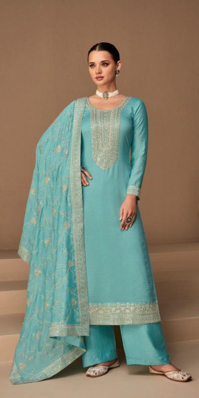 Embroidered Georgette Straight Suit in Off White : KCH1194