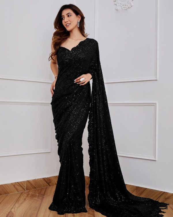 Classic Black Color Full Saree Of Georgette Sequins Work Saree