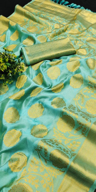 Classic Blue Color Pure Organza Gold Zari Weaving Silk Saree