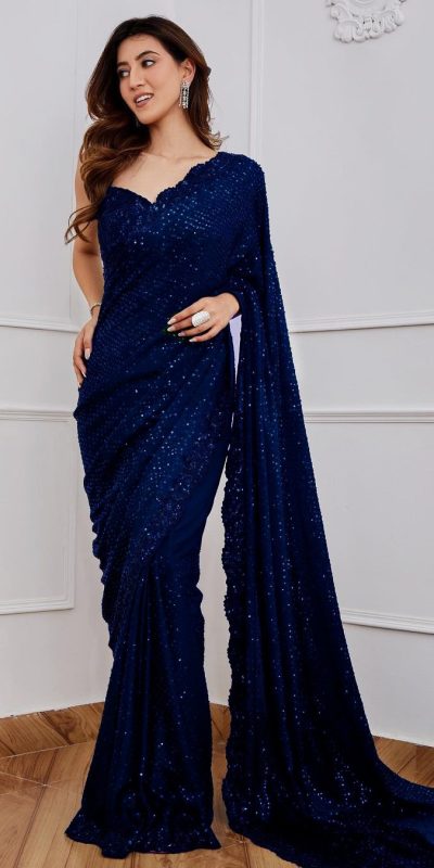 Classic Navy Blue Color Full Saree Of Georgette Sequins Saree