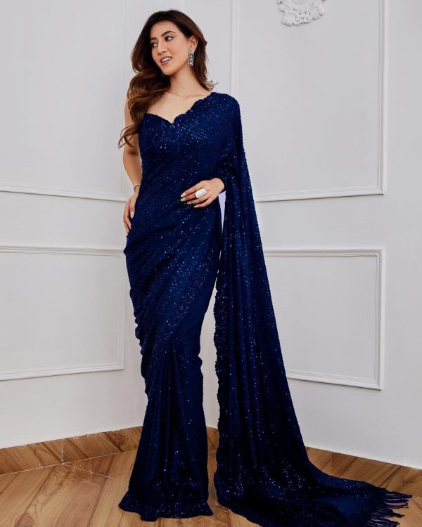 Classic Navy Blue Color Full Saree Of Georgette Sequins Saree