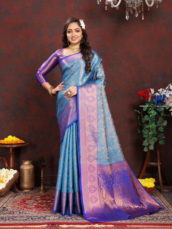 Dazzling Blue Color Lichi Silk Gold And Cooper Zari Weaving saree