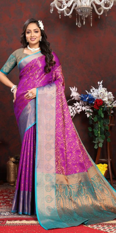 Dazzling Purple Color Lichi Silk Gold And Cooper Zari Weaving Saree