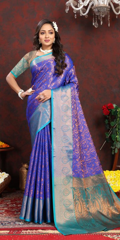 Dazzling Royal Blue Color Lichi Silk Gold And Cooper Zari Weaving Saree