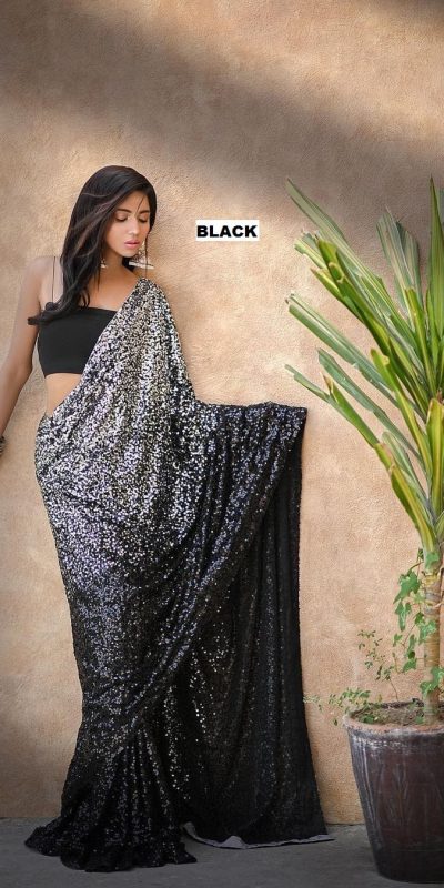 Entrancing Black Color Heavy 60 Gram Georgette Sequins Saree