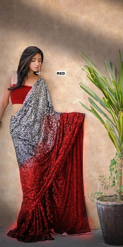 Entrancing Red Color Heavy 60 Gram Georgette Sequins Saree