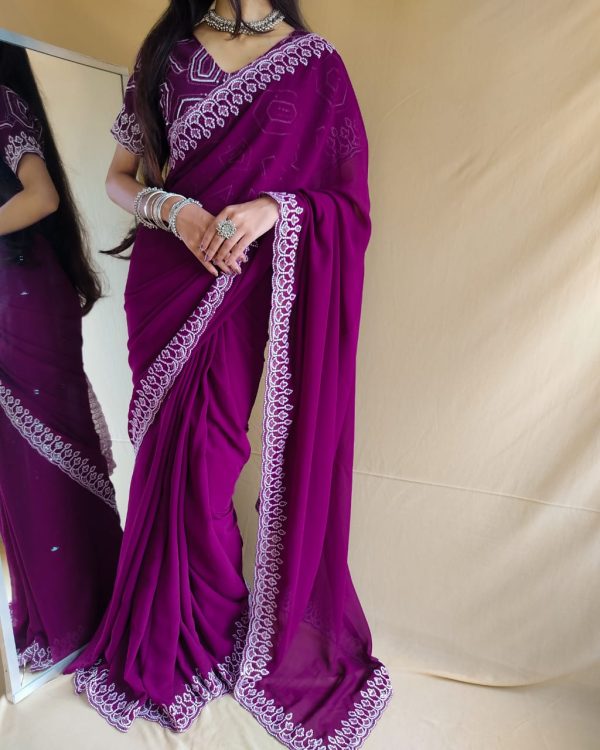 Exotic Purple Color Georgette Embroidery Sequence Work Saree