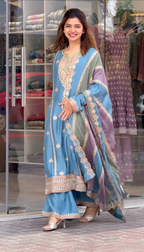 Fantastic Blue Color Georgette Embroidery Work Sharara Suit