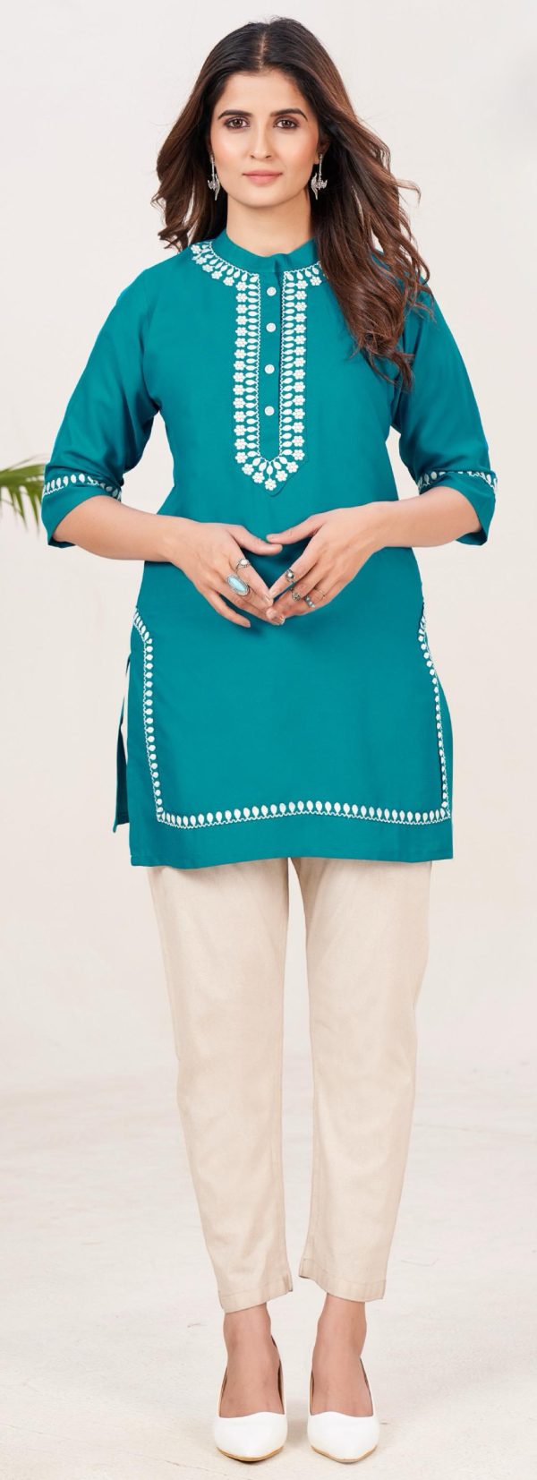 Fashionable Blue Color Heavy Rayon With Embroidery Kurti