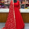 Fashionable Red Color Pure Soft Faux Georgette Anarkali Suit