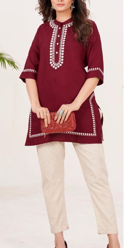 Fashionable Wine Color Heavy Rayon With Embroidery Kurti