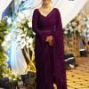 Wine Mono Net Sequins Embroidery Work Saree