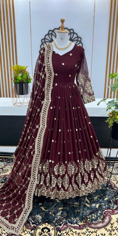 Graceful Dark Brown Color Georgette Embroidery Sequence Work Gown