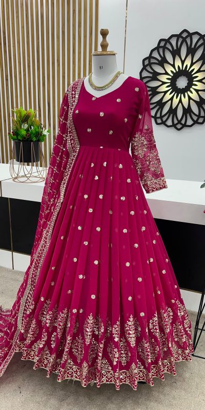 Graceful Rani Pink Color Georgette Embroidery Sequence Work Gown
