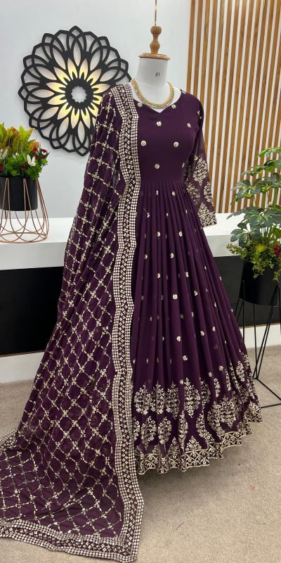 Graceful Voilet Color Georgette Embroidery Sequence Work Gown