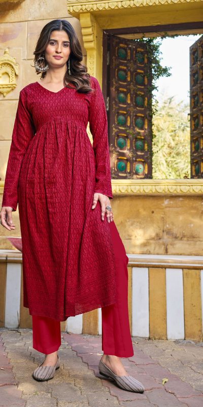 Grand Look Red Color Heavy Rayon with Schiffli Work Kurti