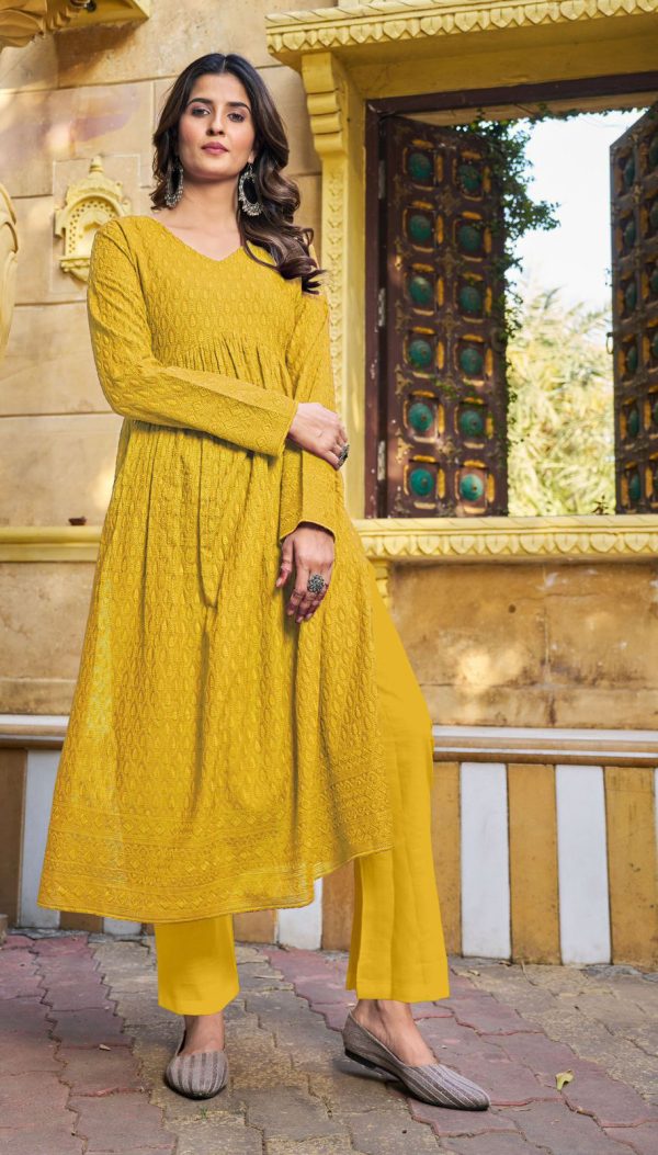 Grand Look Yellow Color Heavy Rayon with Schiffli Work Kurti