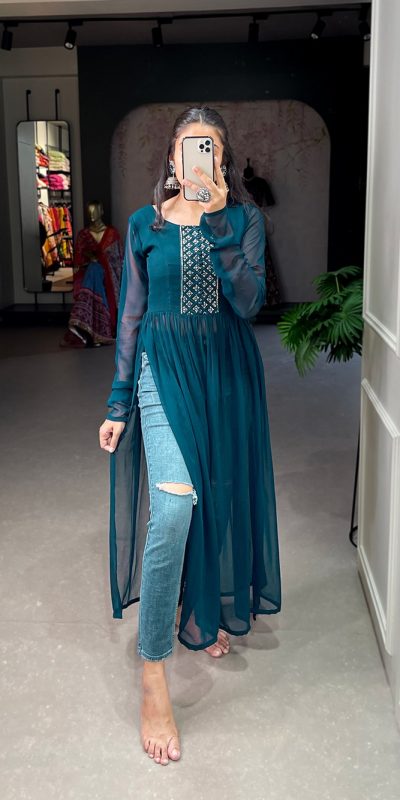 Grand Peacock Blue Color Georgette Sequins Embroidery work Kurti